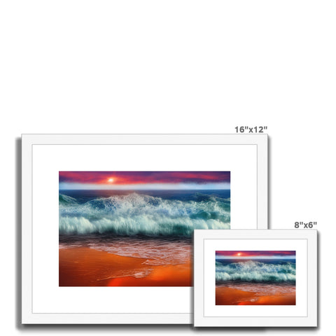 A print in a frame with three images of a colorful beach.