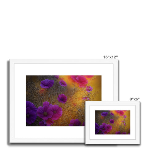 Two photos on cardboard with pink and purple flowers next to black flowers