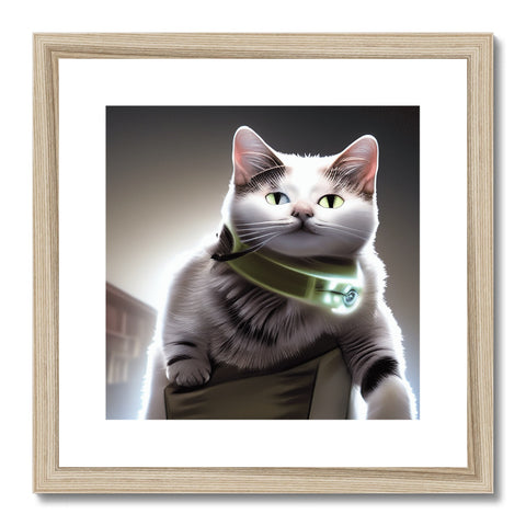 A framed image of a cat on a picture frame of light brown glass and glittering