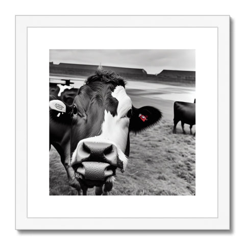 A black and white wall print with a cow standing alone walking through a field by a