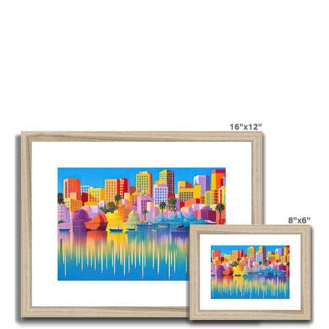 A framed picture of colorful city skyline with various different pictures on a wooden wall.