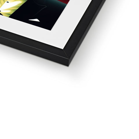 A black photo sitting on a frame in a black case.