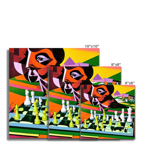 A sketch of two chess sets painted on a blank board and the same art print of