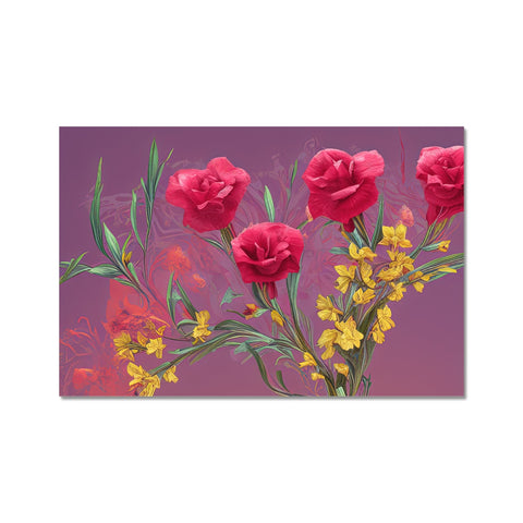 An artwork of pink flowers in a place mat with purple and yellow flower beds.