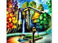 A large colorful graffiti print is above a tall waterfall in the sunset.