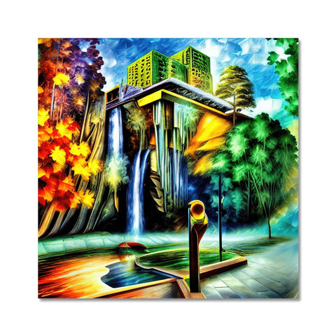 The art is an art print of a surfer standing atop a waterfall in front of