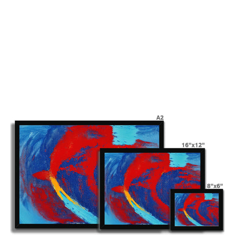 A photo of two rows of tile holding a three image print over an abstract picture.