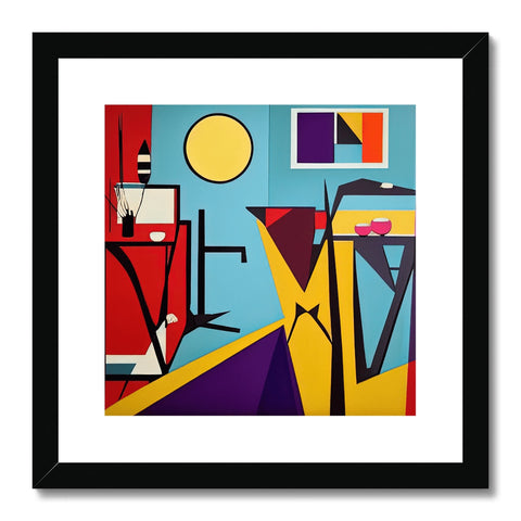 A framed art print that depicts a square painting in color sitting on a wall.