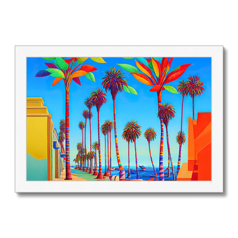 A picture in a colorful print of a city city with blue skies and lots of palm