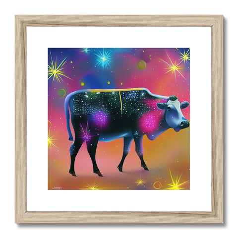 A small cow stands in a field looking up at a rainbow.