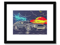 Art print of a hot rod hanging above a street next to the trees.