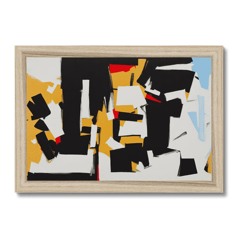 An abstract painting in gold framed with a gold frame hanging on a wooden wall
