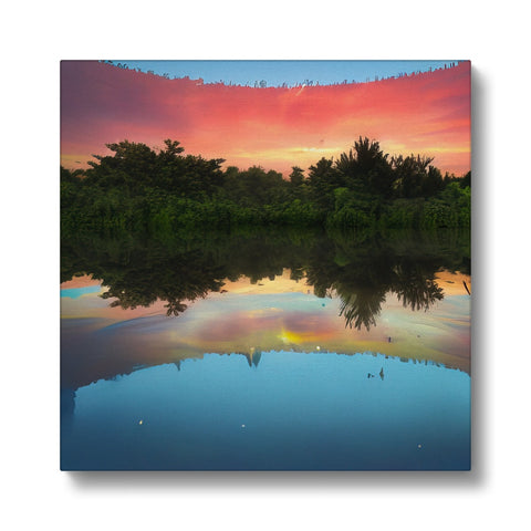 A large print of a sunset near water in a large wooden field.