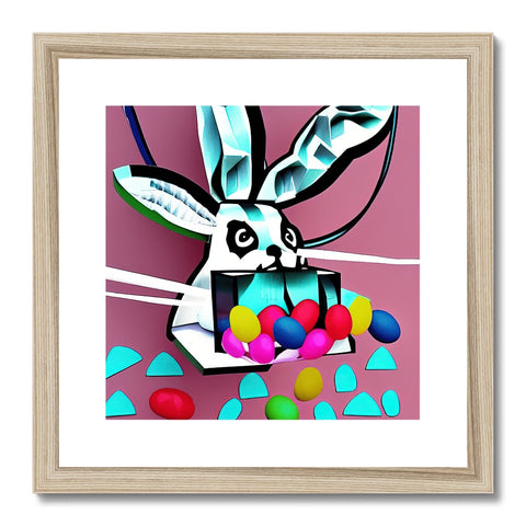 Bunny standing in a wooden frame eating a bubble gum cone.