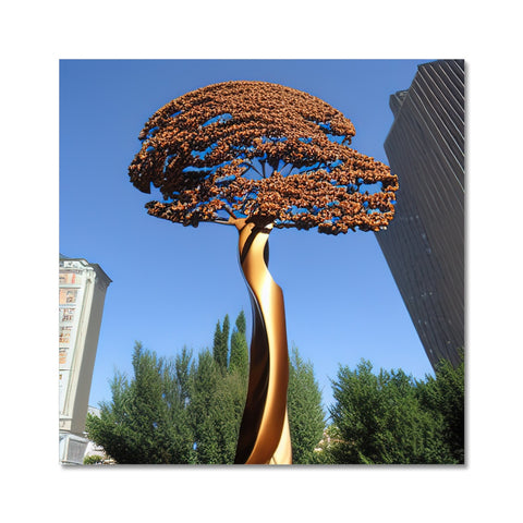 A large picture of a large metal sculpture standing in front of a tree.