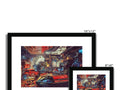a wall of art prints with two different pictures on the walls framed,