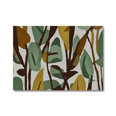 A colorful wood wood print of some trees outside in the field with foliage bushes.