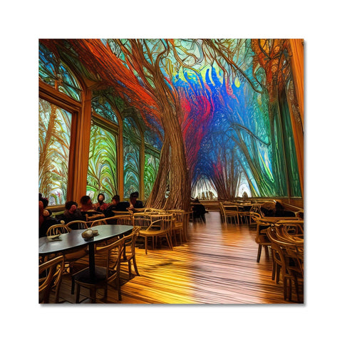 Colorfully arranged trees and trees in a wooden dining room with beautiful tapestry.