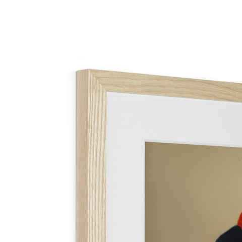 A picture frame with a man holding a wooden framed picture on a mantle.