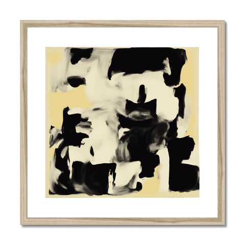 An abstract painting that is framed in gold on a fireplace mantel with a clock on