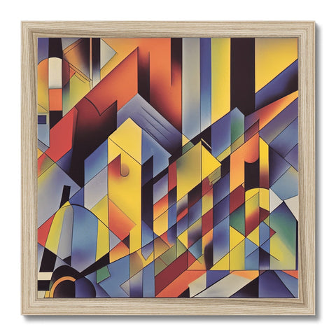 A painting that shows a square of wood with colors and curves.