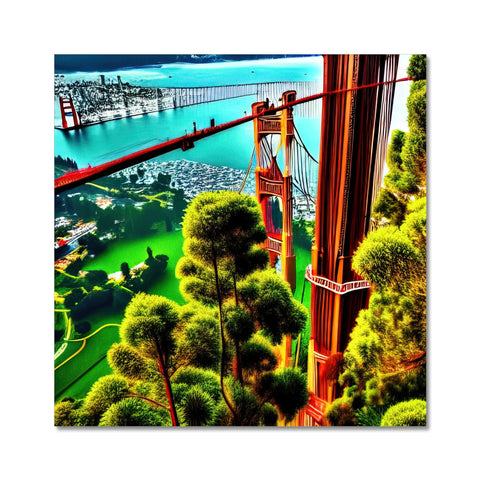 A bridge stretching out in time across San Francisco river with an art print.
