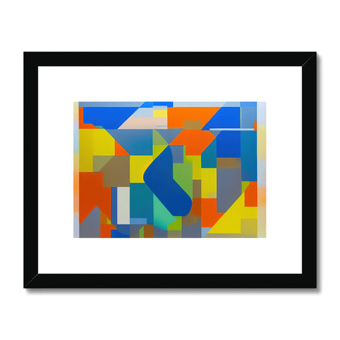 A framed piece of art with abstract geometric patterns in various colors on it.