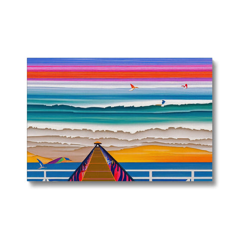 An art print of a surfer riding a wave close to a rock-colored beach