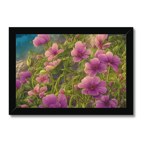 An art print with pink and purple flowers on it.