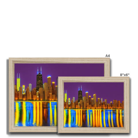 A city skyline with two blocks lined up on a picture frame.