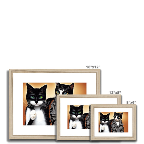 A photograph of a cat on a wooden frame frame with multiple photographs and different people.