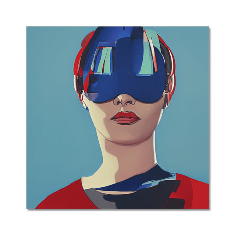 An art print printed image of a top of a visor on a woman with a