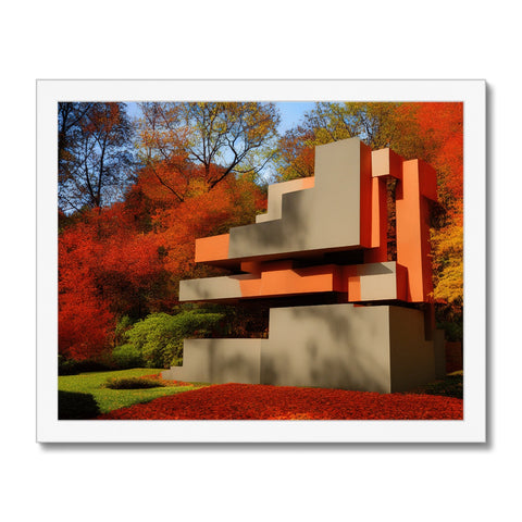 Art print and colorful fall foliage on top of a white building in nature.