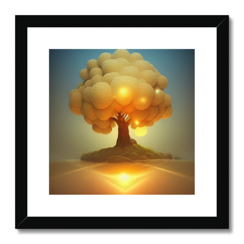 A framed art print of a beautiful tree standing under a sun covered forest.