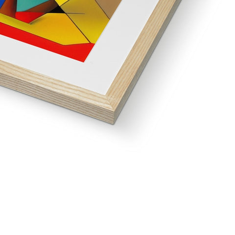 A picture on a frame with red, yellow and white wood art.