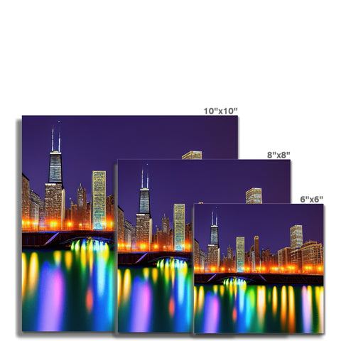 A big city skyline with several colorful colors of a wall art print is lit by the