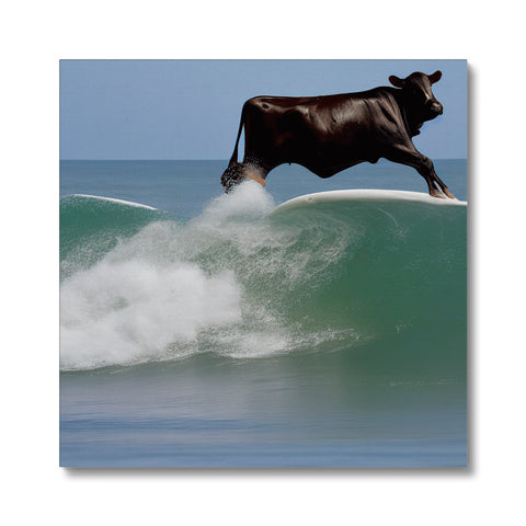A black cow riding on top of a wave on a surf board.