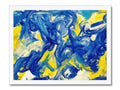 An image of an abstract painted painting on blue canvas
