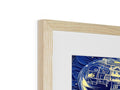 An art print with a yellow, blue picture and white painting is on a wooden frame