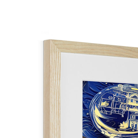 An art print with a yellow, blue picture and white painting is on a wooden frame