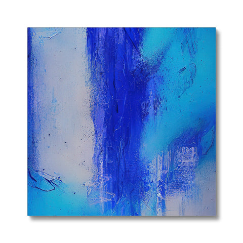 A blue painting with a blue background hanging on a wall