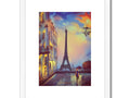 A colorful print of a picture of Paris next to the Eiffel tower.