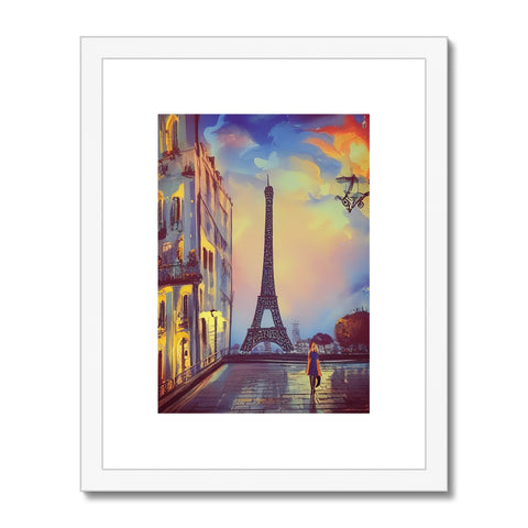 A colorful print of a picture of Paris next to the Eiffel tower.