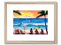 An art print on wooden frame with a sunset sitting on the side of a beach.