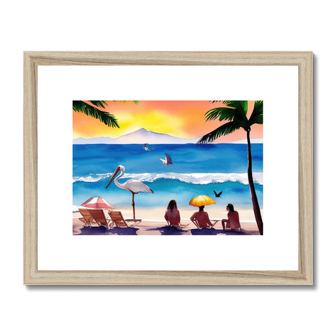 An art print on wooden frame with a sunset sitting on the side of a beach.