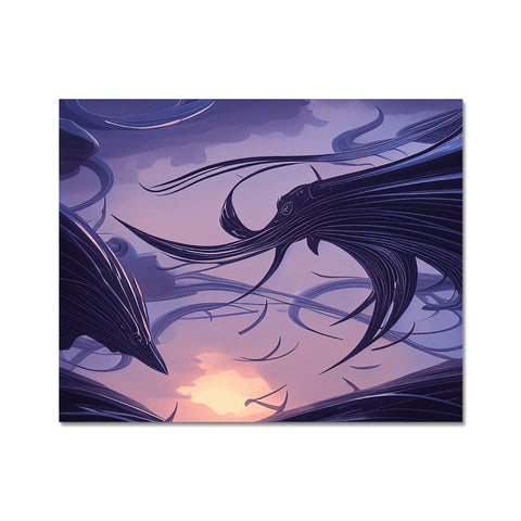 A picture inside of a painting of a dragon flying over a sunset with a wind blowing