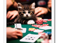 A cat holding a large blue scatting game of poker.