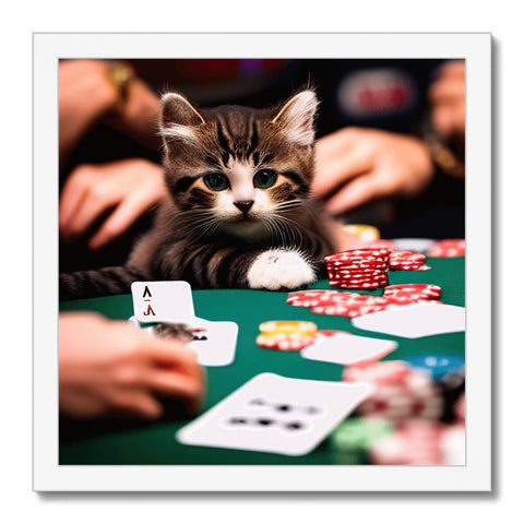 A cat holding a large blue scatting game of poker.