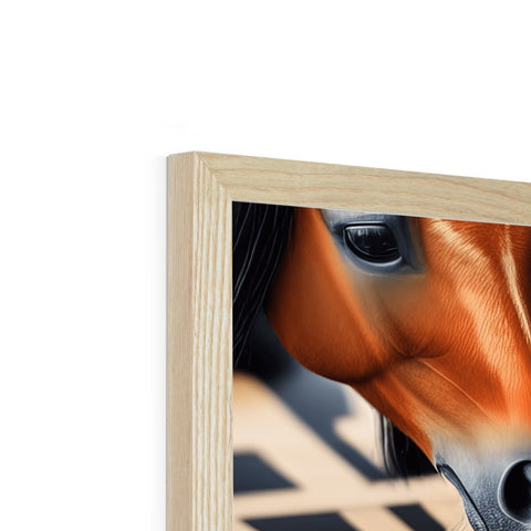 A horse peeks behind a white frame that has a wooden background with wooden panels and