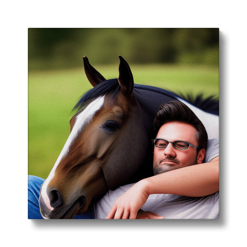 A person with glasses and a mustache is on top of a horse.